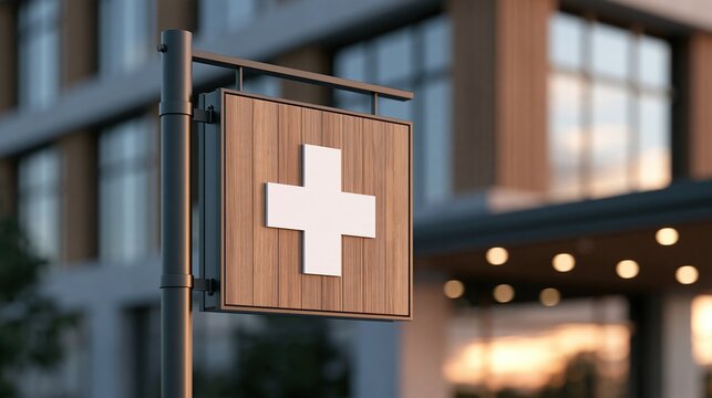 Outdoor wooden street signage with white medical cross in front of blurred modern clinic or pharmacy building at warm sunset medical healthcare and pharmacy service concept