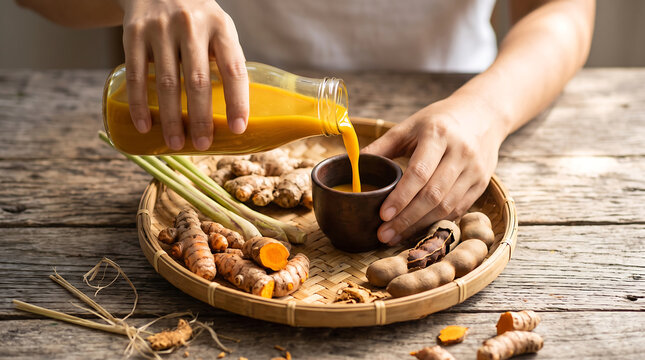 Hands pouring traditional Indonesian turmeric jamu herbal drink into clay cup with fresh herbs on bamboo tray