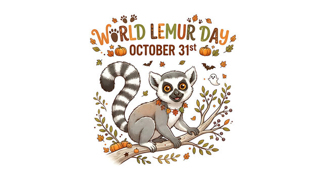 Cute cartoon ring-tailed lemur sitting in autumn foliage with branches, leaves, mushrooms and acorns under hand-lettered text World Lemur Day October 31st in orange, brown and grey on isolated white b