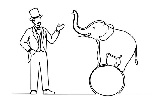 Continuous line drawing of a circus ringmaster presenting a cute elephant balancing on a large ball for a performance show isolated on transparent background