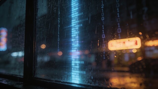 Showing rain-speckled window projecting vertical blue binary digits at night, with neon reflections