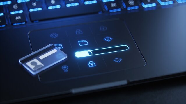 Displaying laptop touchpad with lit icons and sliding blue progress bar on dark desk, clear card