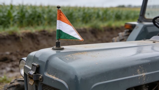 Showing weathered gray-blue tractor hood sitting on muddy field with tricolor pennant and headlight