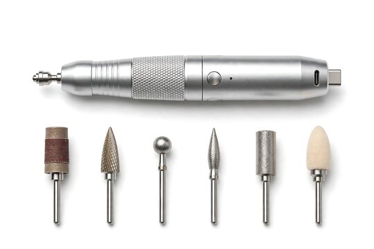 Electric nail drill or rotary tool with a set of interchangeable metal and abrasive bits isolated on white background