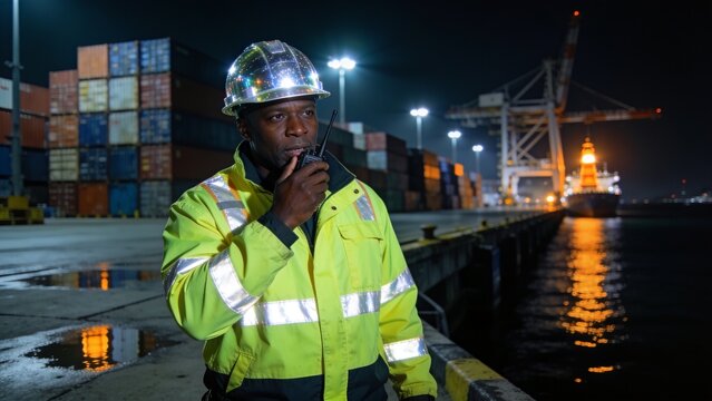 Communicating port worker wearing high-visibility jacket and hard hat, holding radio at night quay
