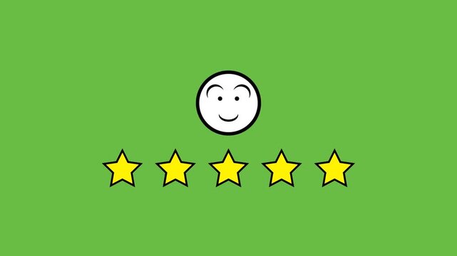 Five Star Rating Animation with Smiling Emoji and Glowing Stars on Green Screen