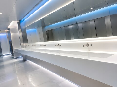 Modern airport restroom vanity with ambient LED strip lighting in first class lounge washroom