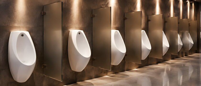 Modern athletics arena club concourse lavatory interior with clean porcelain urinals