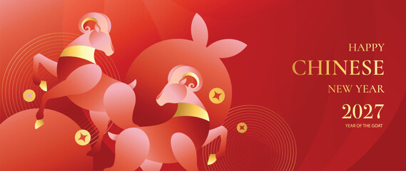 Naklejka premium Chinese New Year 2027 Goat Zodiac Vector Banner With Two Playful Pink Animals, Festive Red Background and Modern Floral Decorations for Lunar Holiday Greeting