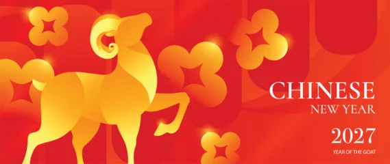 Chinese New Year 2027 Goat Zodiac Vector Banner With Golden Yellow Animal, Bold Red Orange Gradient and Abstract Floral Decorations for Lunar Holiday Poster © TWINS DESIGN STUDIO