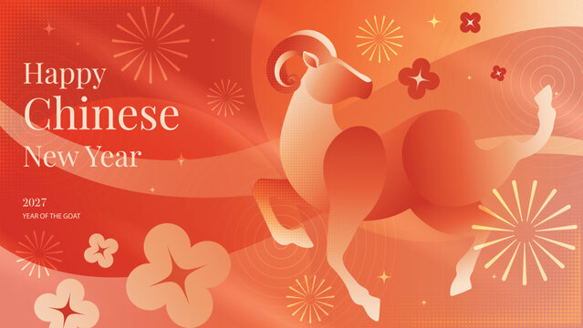 Chinese New Year 2027 Goat Zodiac Vector Holiday Poster With Pastel Animal, Coral Red Gradient, Floral Ornaments and Fireworks for Modern Lunar Festival Greeting
