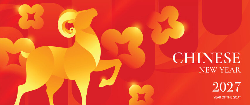 Chinese New Year 2027 Goat Zodiac Vector Banner With Golden Yellow Animal, Bold Red Orange Gradient and Abstract Floral Decorations for Lunar Holiday Poster