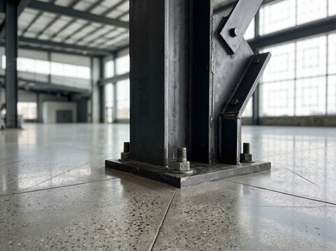 Structural steel column anchor plate bolted to concrete floor in spacious warehouse. Empty industrial commercial interior
