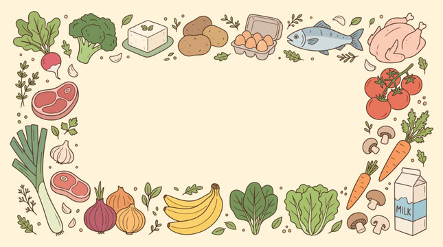 Hand drawn fresh food frame background, organic ingredients border vector, healthy diet grocery banner copy space, kitchen recipe card template