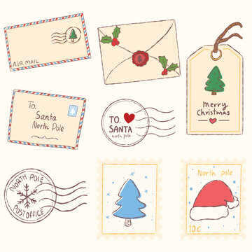 Cute hand drawn Christmas mail collection featuring envelopes, postage stamps, and gift tags for festive holiday stationery.
