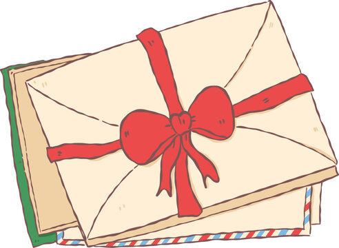 Cute hand drawn stack of envelopes and letters tied with a red ribbon bow for romantic mail, gifts, and communication.