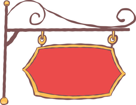 Cute hand drawn blank hanging wooden signboard with wrought iron bracket for shop signs, menus, and copy space.