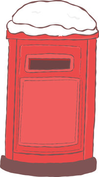 Cute hand drawn British style red post box covered in winter snow for Christmas mail and holiday letter designs.