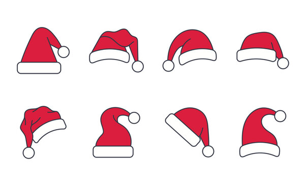 Collection of various santa claus hats with white pompom and trim, christmas holiday accessories