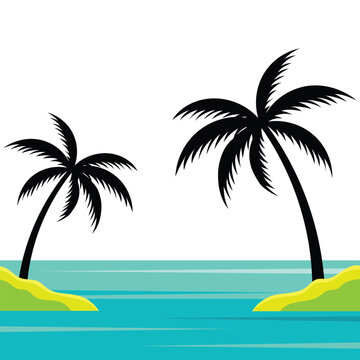 Tropical island scene with two palm trees on small islands in the turquoise ocean, a simple vector illustration for summer and vacation themes