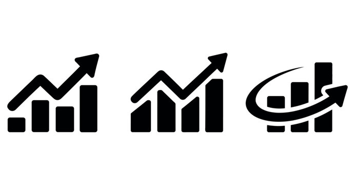 Set of three black icons representing business growth, financial success, and market trends.