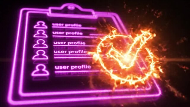 User profile on a clipboard disintegrates into glowing particles digital display disintegration particles neon purple orange destruction data information security