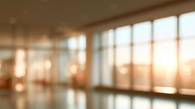 Abstract blurred background of a modern and bright office interior with bokeh lights, featuring a clean workspace environment suitable for copy space