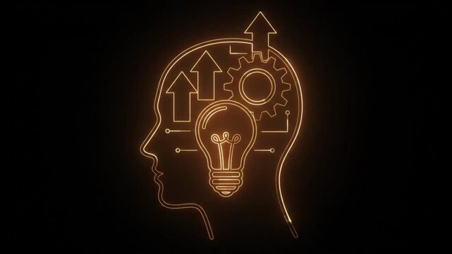 Human head transforms with gears and a glowing lightbulb illuminating inside profile silhouette cranium brain thought ideas innovation cogs mechanism