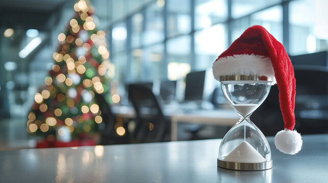 Hourglass with a Santa hat on an office desk against a backdrop of a decorated Christmas tree and workstations on a sunny day