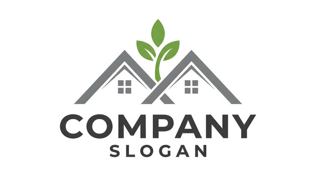Eco real estate logo template featuring double house roofs, windows, green plant sprout, and company slogan layout isolated on dark background for eco friendly housing, property developer, architectur