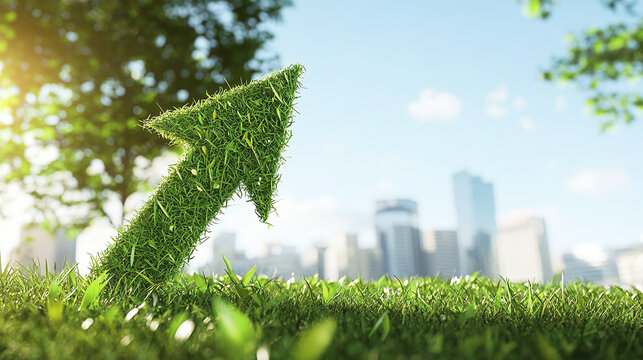 Green grassy upward arrow graphic in a park against a backdrop of business buildings and a sunny sky