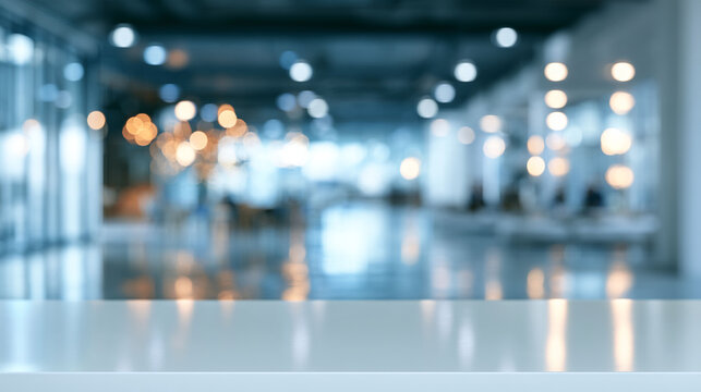 Abstract blurred background of a modern and bright office interior with bokeh lights, featuring a clean workspace environment suitable for copy space