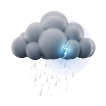 Storm cloud with lightning bolt and raindrops isolated on transparent