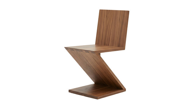 A modern minimalist zig-zag shaped wooden chair crafted from rich brown walnut with visible wood grain patterns and interlocking finger joints along the seat edge, isolated on a white background