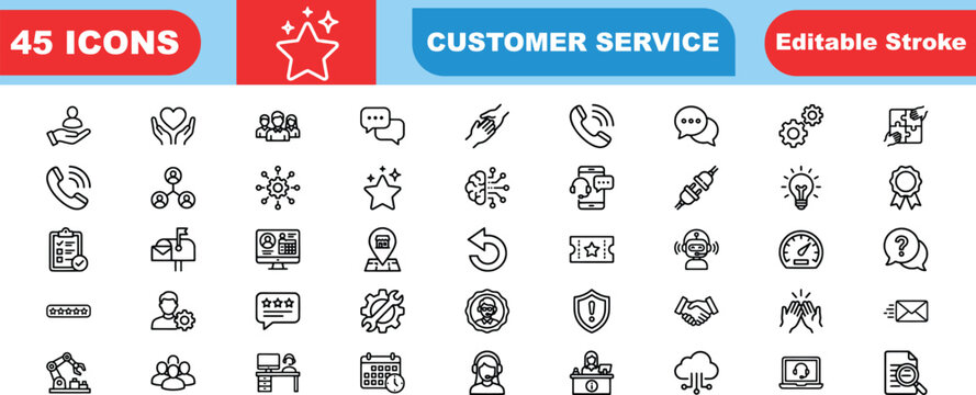 Customer service vector icon collection with forty five professional line drawings for digital communication strategy and support systems