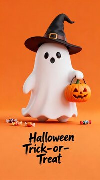 Cute 3d ghost in black witch hat holding jack o lantern pumpkin basket with scattered candies on orange background Halloween trick or treat holiday concept