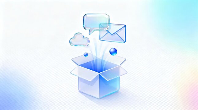 Open transparent glass square box releasing chat bubble email and cloud icons representing modern digital cloud communication and online messaging technology concept