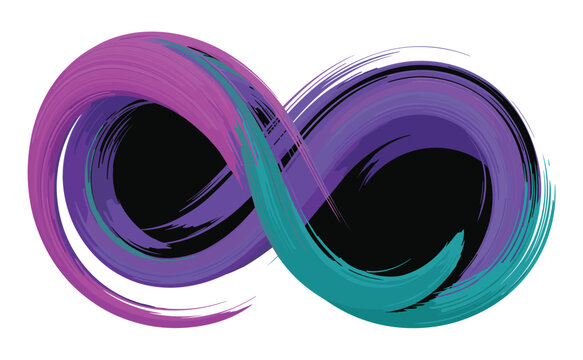 Abstract artistic infinity symbol painted with dynamic brush strokes in purple and teal isolated on transparent background