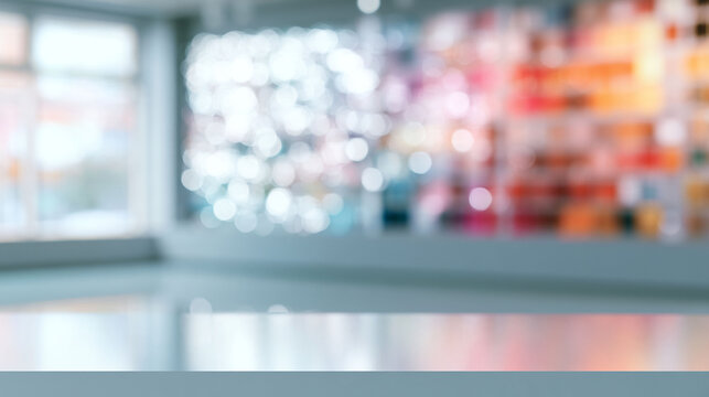 Abstract blurred background of a modern and bright office interior with bokeh lights, featuring a clean workspace environment suitable for copy space