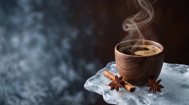 Steaming coffee in wooden cup with cinnamon and anise on ice block