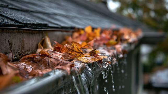 Overflowing rain gutter clogged with autumn foliage and leaves during heavy downpour and rainstorm showing property damage risk water leak house maintenance problem drainage issue roof seasonal proble