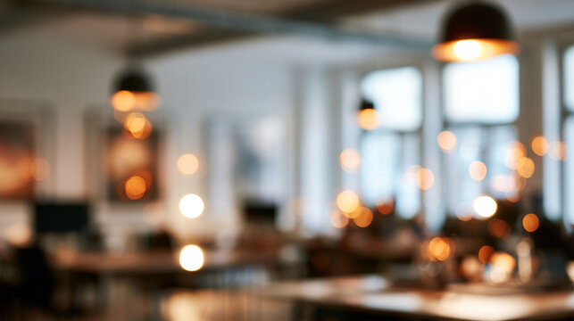 Abstract blurred background of a modern and bright office interior with bokeh lights, featuring a clean workspace environment suitable for copy space