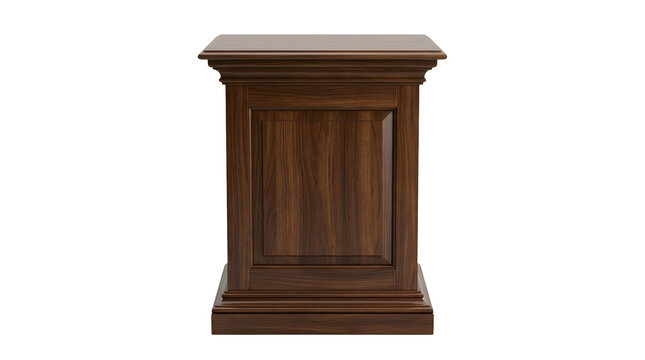 Classic dark brown wooden pedestal with a square flat top, ornate tiered molding along the upper edge and bottom base, featuring a central recessed rectangular panel with vertical wood grain pattern