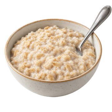 Bowl of oatmeal porridge with silver spoon isolated on transparent background PNG cutout