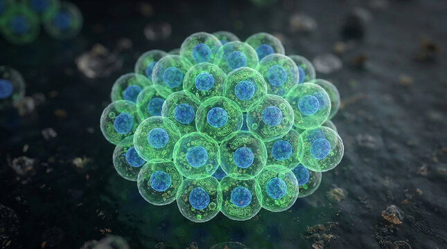 A detailed 3d render of a microscopic biological cell structure featuring glowing green spheres and blue internal nuclei components