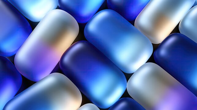 Abstract overlapping gradient blue soft rounded pill shape objects with glossy texture on black background modern minimal geometric 3d abstract design concept