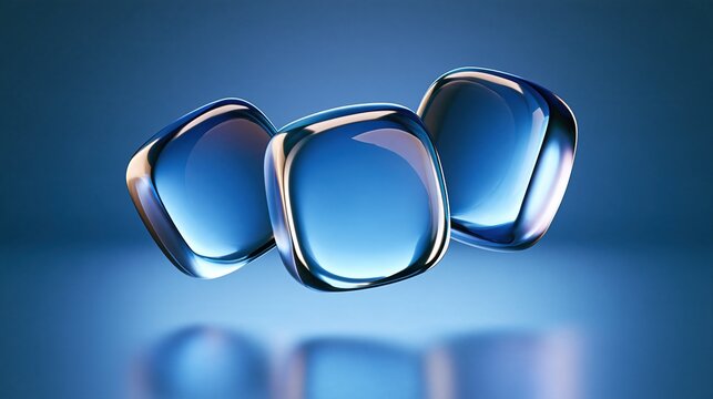 Three floating transparent blue rounded square glass objects with reflective surface on gradient blue background modern abstract 3d geometric futuristic design concept
