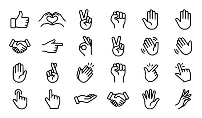 Hand gesture icon collection showing thumbs up, waving hands, peace signs, pointing fingers, and greetings © Indrani