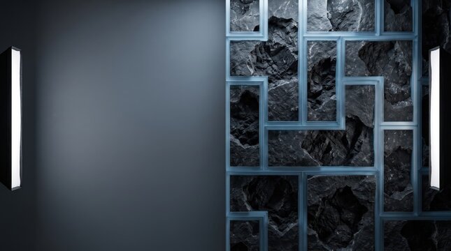 Dark, moody interior wall featuring a geometric grid of rough, textured black volcanic rock panels framed in sleek, cooltoned illuminated metal borders