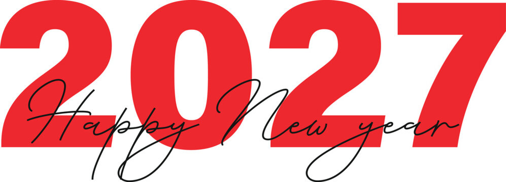 bold red 2027 happy new year typography with elegant black handwritten script on a white background